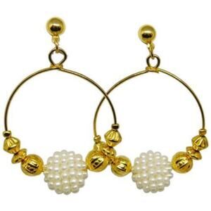 Hoop Earrings Gold Tone Textured White Beads Classic Style Approx. 1.5" Jewelry